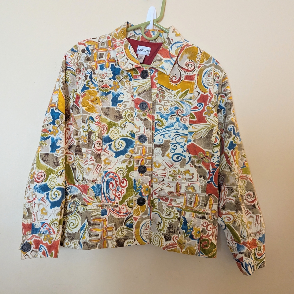 XL 16 Chico's Picasso Paisley Jacket Size 3 Button Front Casual Colorful - Picture 2 of 6